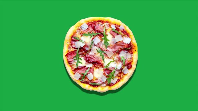 Pizza variety isolated on green background, video animation

