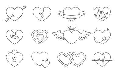 Love heart icon saint valentine day doodle black line set. Editable stroke enchanted lock angel broken heart separation devil wedding amur cupid arrow cardio pulse ribbon congrats isolated