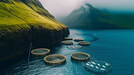 Poster Salmon fish farm in the ocean waters at faroest © Ashley