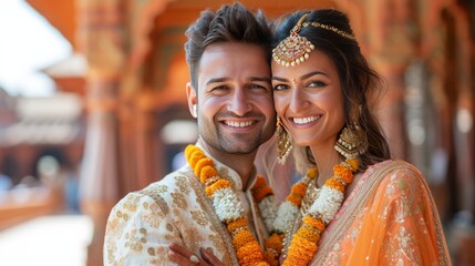 Happy beautiful and indian couple smiling looking at camera while standing against blurred indian