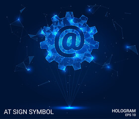 The hologram at sign symbol. A sign symbol made of polygons, triangles of points and lines. The at sign symbol is a low-poly compound structure. Technology concept vector.