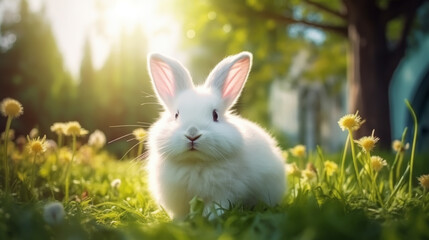 Ears Bunny Behind Grass And Decorated Eggs In Flowery Field
