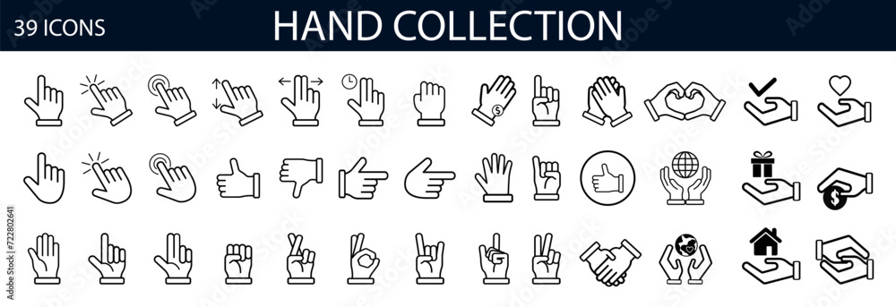 Poster hands vector line icons set. set of finger. clapping hands and other gestures