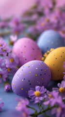 Obraz na płótnie Canvas Group of colorful eggs with flowers. A vibrant gathering of whimsical easter eggs adorned with blooming flowers, exuding a playful and enchanting charm