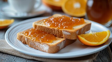 Toast with orange jam spread lies on a white plate