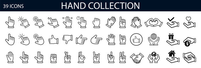 Hands vector line icons set. Set of finger. Clapping hands and other gestures