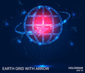 The hologram is an Earth grid with an arrow. An Earth grid with an arrow of polygons, triangles of points and lines. The earth grid with an arrow is a low-poly connection structure.