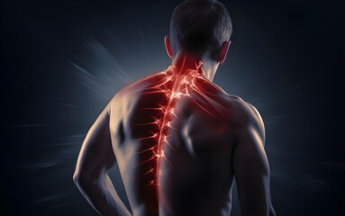 Medical illustration of a person suffering from back pain and cervical herniation disc