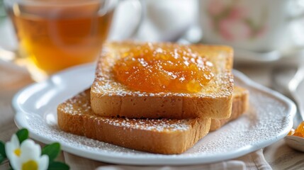 Obraz na płótnie Canvas Toast with orange jam spread lies on a white plate