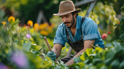 Young handsome gardener digging with a shovel in the garden