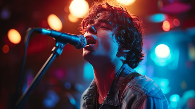 Young curly handsome guy sings karaoke