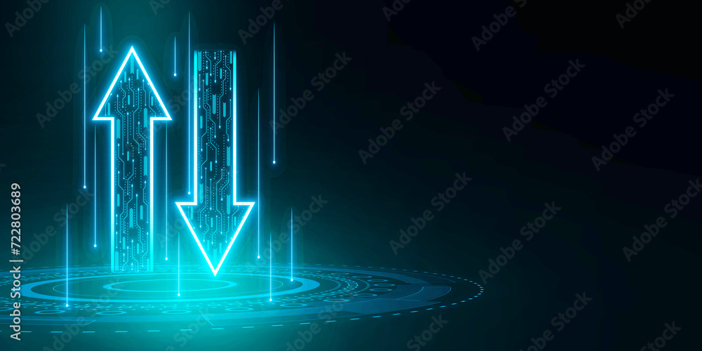 Poster abstract up and down arrows on dark blue background with mock up place. the concept of digital traff