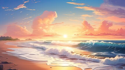 Obraz premium A picturesque sunset scene unfolds on a sandy beach where the rhythmic waves tenderly caress the shore. Sunset beach, gentle waves, tranquil shoreline, sandy coast. Generated by AI.