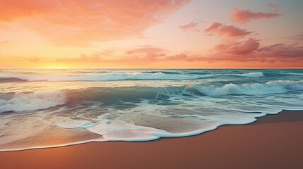 Fototapeta na wymiar A captivating sunset casts its hues over a sandy beach. Sunset beach, gentle waves, serene coastline, sandy coast. Generated by AI.