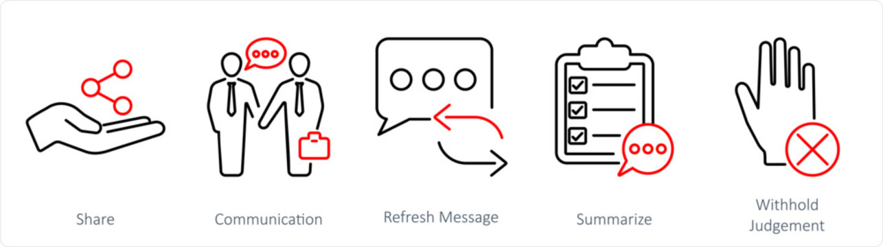 A set of 5 Active Listening icons as share, communication, refresh message