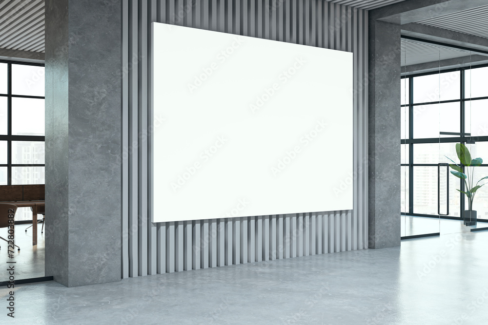 Poster modern spacious coworking office interior with empty white mock up banner. 3d rendering.
