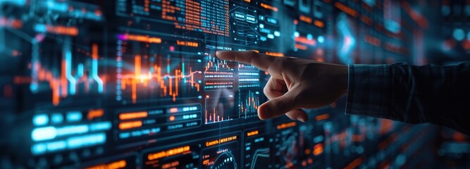 Interactive holographic display of dynamic financial statistics, futuristic finance and technology showing market trends and investment analysis, finance technology background
