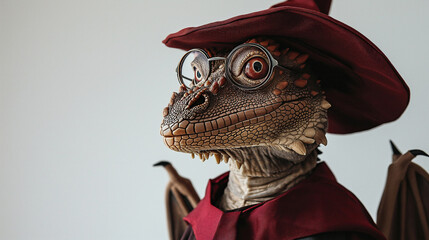 Portrait of dragon wearing a graduation cap and glasses.