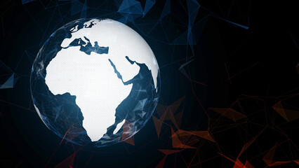 Digital Earth globe and artistic dark triangle pattern illustration background.