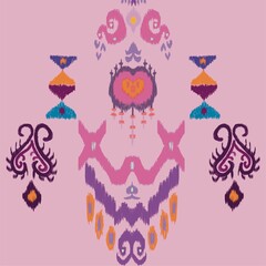 Ikat floral paisley embroider seamlesson pink background,Indian Aztec ornament print concept for blouse, hand drawn print women elegant embroidered in pastel  pattern for Indian saree lehenga print.
