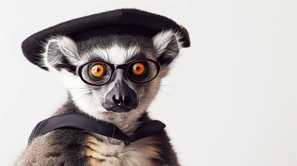 Portrait of lemur wearing a graduation cap and glasses.