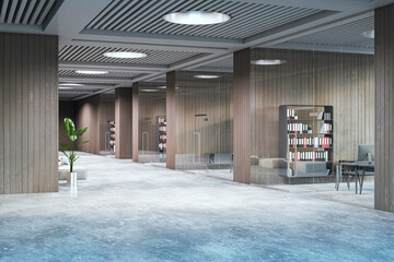 Clean spacious coworking office interior with various objects. 3D Rendering.
