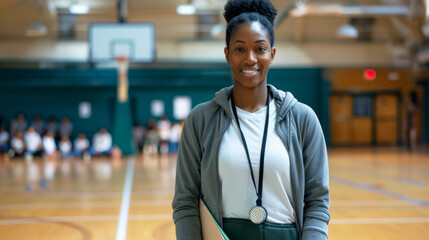 female coach holding a clipboard is standing in a gymnasium with a group of students seated on the floor in the background
