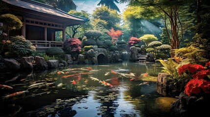 Serene pagoda resides within a meticulously designed zen garden, inviting introspection and tranquility. Peaceful pagoda, meticulously crafted garden, serene retreat. Generated by AI. - obrazy, fototapety, plakaty