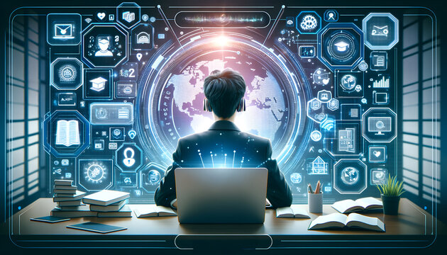 The meeting background image for Learning has been modified. The individual is now facing towards the viewer, still engaged in online learning. The image maintains the futuristic and digital theme