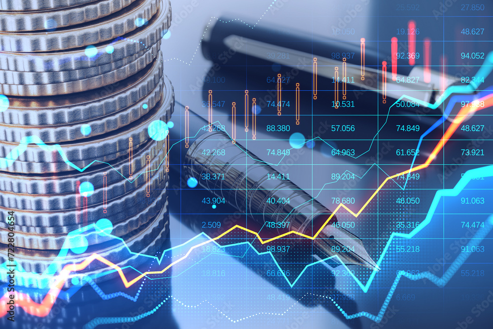 Aufkleber close up of fountain pen and stacked coins on desk with glowing forex chart on blurry bokeh backgrou