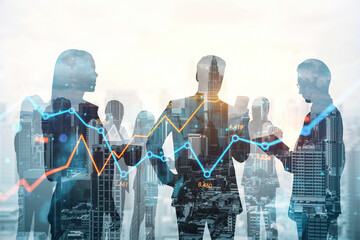 Crowd of businesspeople standing on blurry city wallpaper with forex chart. Trade and finance...