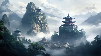 Obrazy na Plexi  Tranquil mountain temple veiled in morning mist, serene sanctuary atop misty peaks, peaceful mountain dawn, mist-kissed spiritual refuge. Generated by AI.