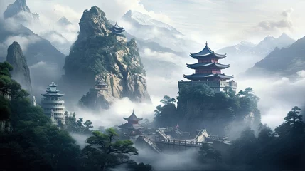 Foto op Plexiglas Tranquil mountain temple veiled in morning mist, serene sanctuary atop misty peaks, peaceful mountain dawn, mist-kissed spiritual refuge. Generated by AI. © Anastasia