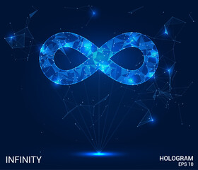 The hologram is infinity. The infinity sign consists of polygons, triangles of points and lines. The infinity sign is a low-poly compound structure. Technology concept vector.