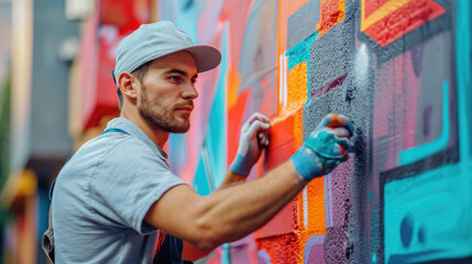 A young man is painting graffiti on the wall. Colorful graffiti on the wall. - obrazy, fototapety, plakaty