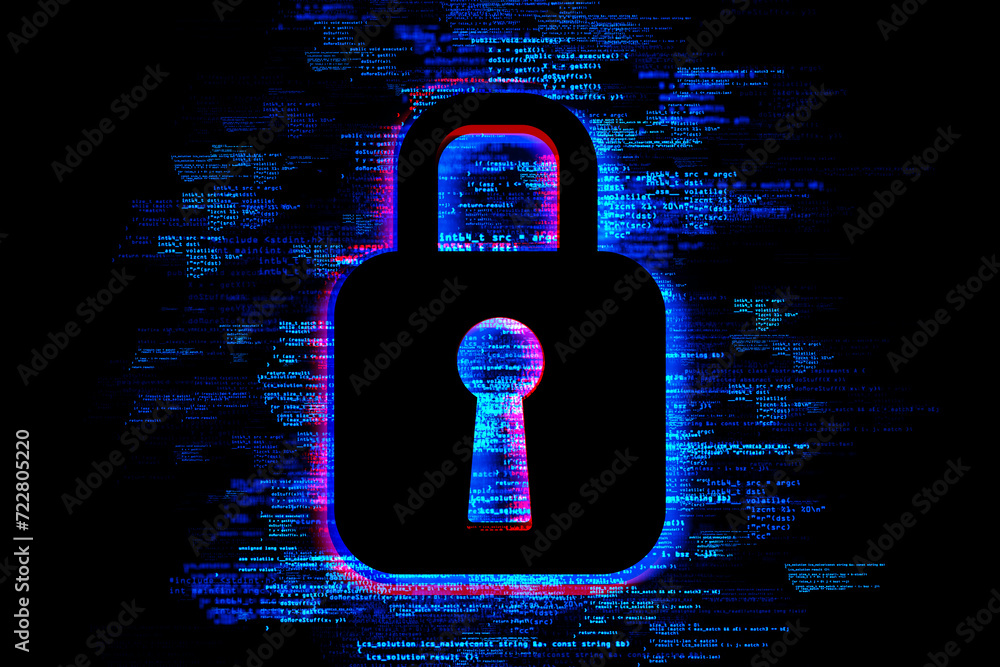 Poster Neon glowing padlock symbol against a matrix of binary code, representing digital security. 3D Rendering