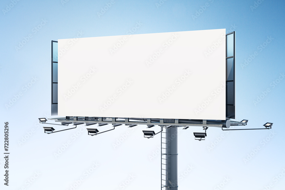 Aufkleber close up of empty white mock up banner on blue sky background. commercial and ad concept. 3d renderi