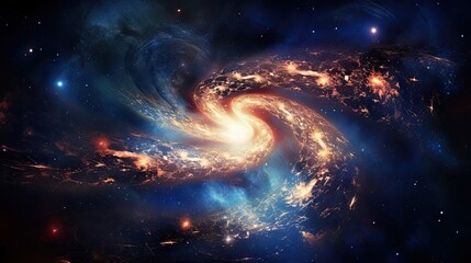 Obraz premium A cosmic tapestry of a spiral galaxy with billions of stars in the vastness of deep space, an awe-evoking panorama showcasing the splendor and enormity of the universe. Generated by AI.