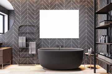 Modern bathroom featuring herringbone tiles, wood accents, and a large matte bathtub. Luxe urban...