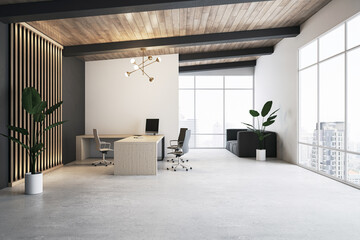 Chic modern office with floor-to-ceiling windows, urban skyline, and stylish decor. 3D Rendering
