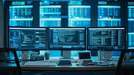 high-tech workstation with multiple computer monitors displaying graphs and analytical data