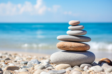 Fototapeta na wymiar pile of stones on the beach, sea background