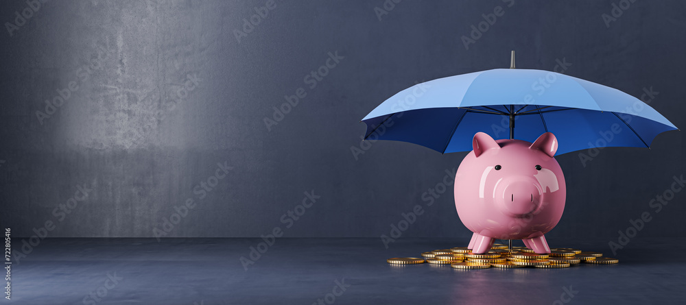 Poster creative image of pink piggy bank under blue umbrella on wide concrete wall background with mock up 