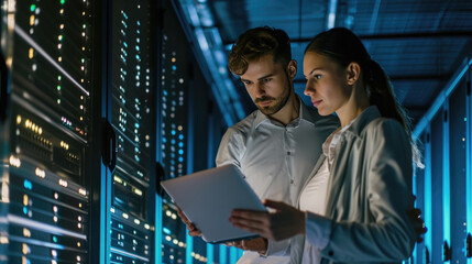 Male and a female IT professional in a data center, with the woman holding a tablet and the man observing, likely collaborating on a task. - Powered by Adobe