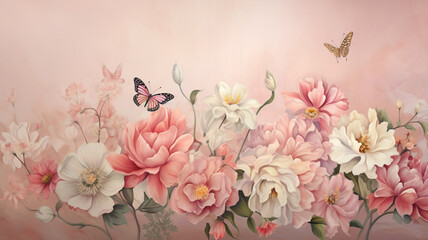 a painting of flowers and butterflies on wallpaper watercolor style