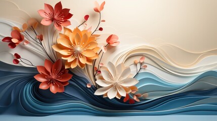 Modern, artistic representation of a floral scene. Sculptural waves in shades of deep blue and cream, mimic movement of water.