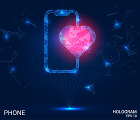 A hologram phone. The smartphone is a heart of polygons, triangles of dots and lines. The phone has a low-poly connection structure. Technology concept vector.