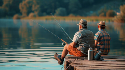 elderly man sitting by a calm lake, fishing rod in hand