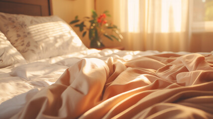 Fototapeta na wymiar bed in bedroom in morning sunlight