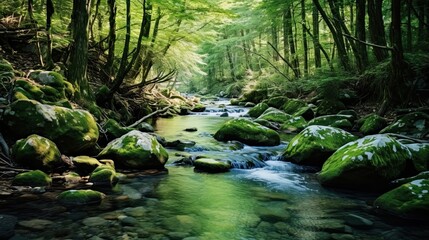 Fototapeta premium Fforest stream, where crystal-clear waters create a serene and calming atmosphere. Nature's beauty, clear stream, pristine water, serene ambiance. Generated by AI.
